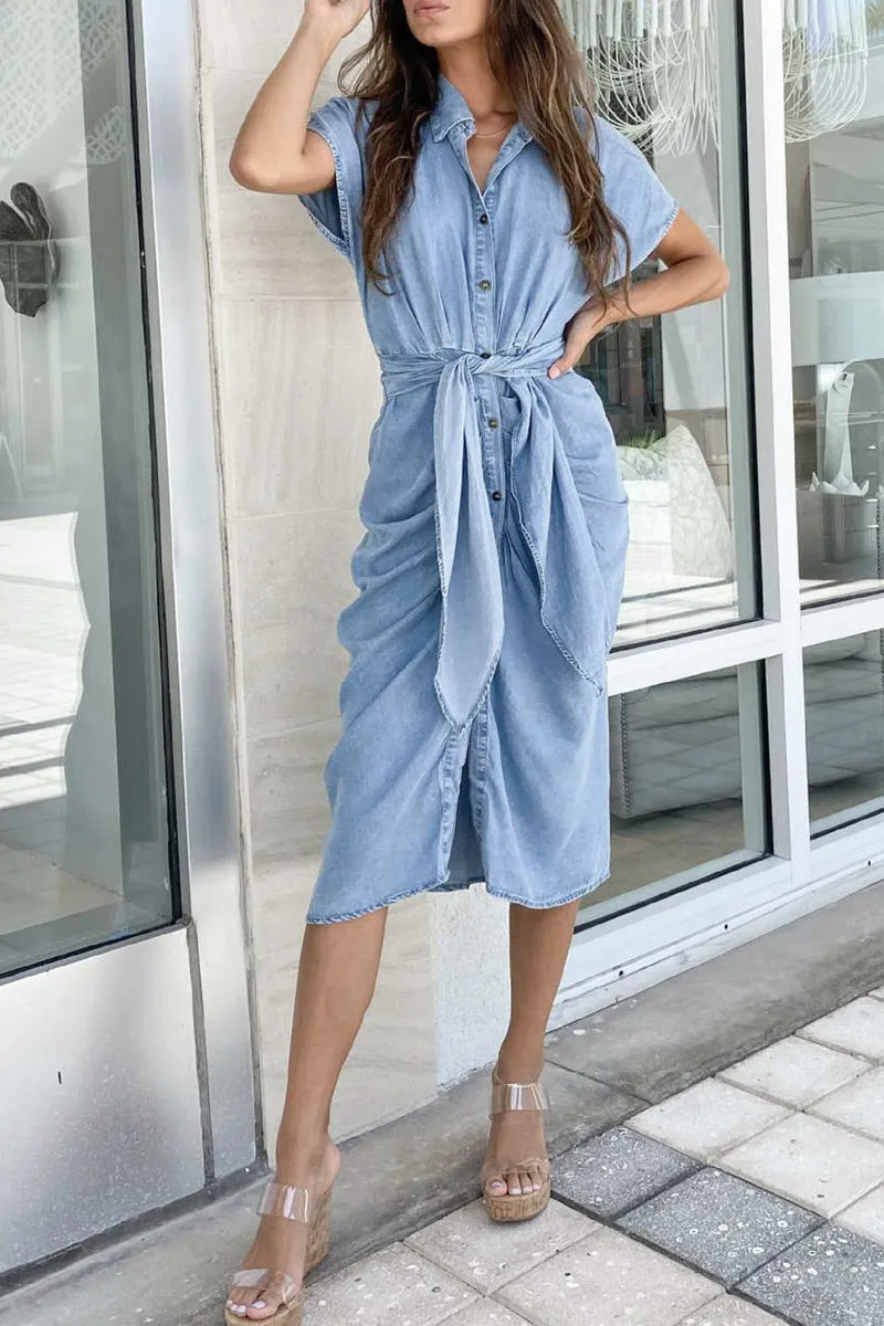 Casual Street Solid Frenulum Buckle Turndown Collar Short Sleeve Regular Denim Dresses