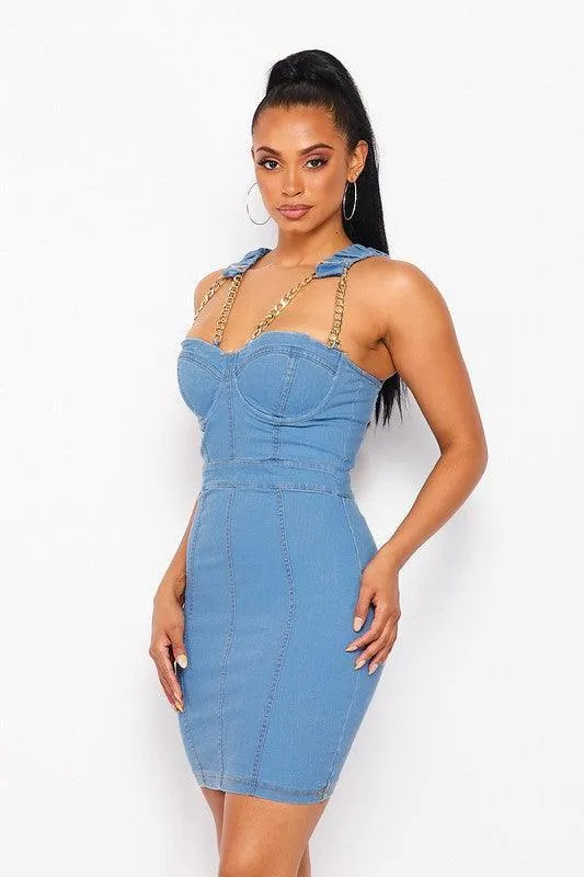 CHAIN STRAP MINI DENIM DRESS