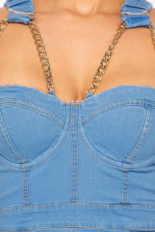 CHAIN STRAP MINI DENIM DRESS
