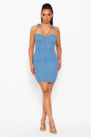 CHAIN STRAP MINI DENIM DRESS