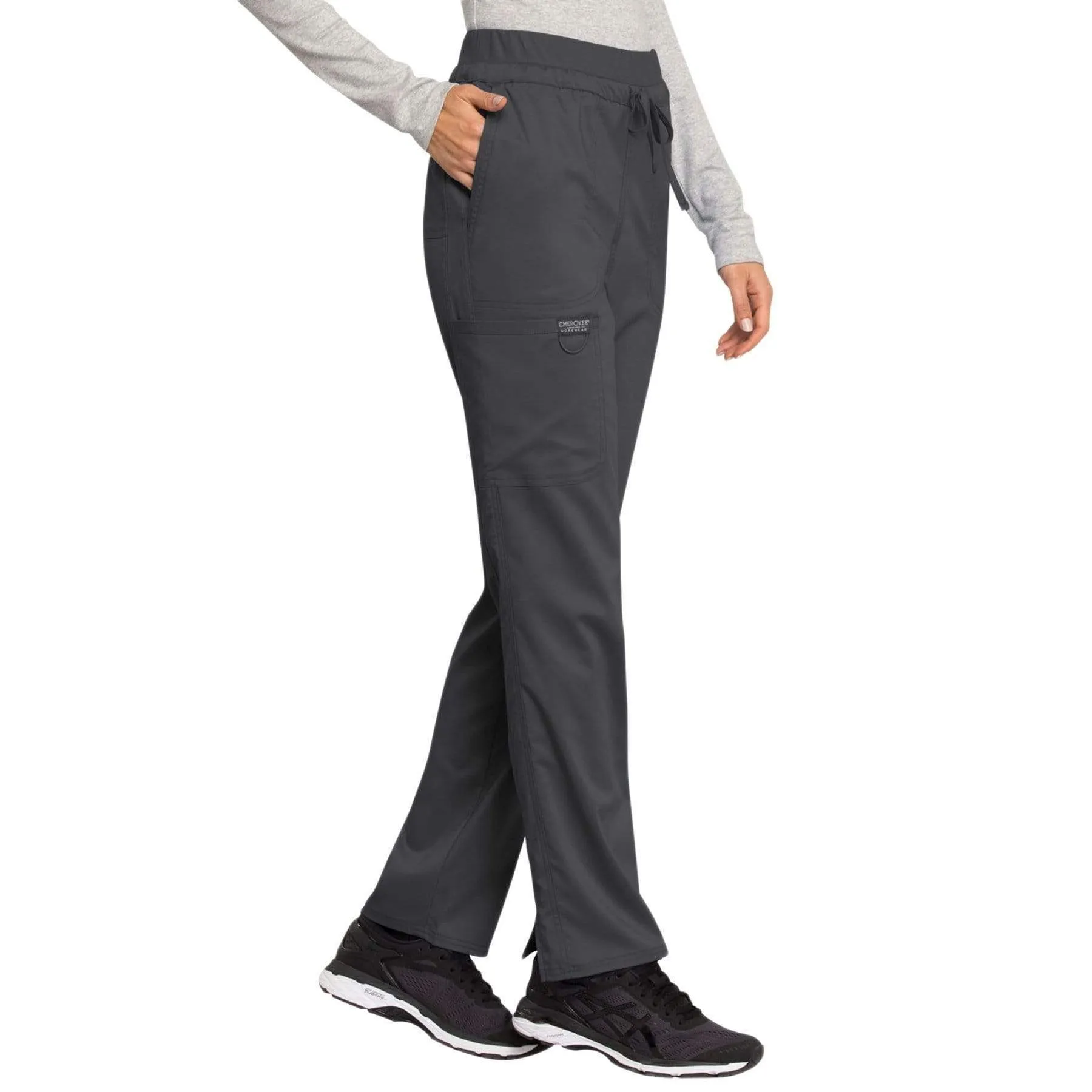 Cherokee Revolution WW105 Scrubs Pants Womens Mid Rise Tapered Leg Drawstring Pewter