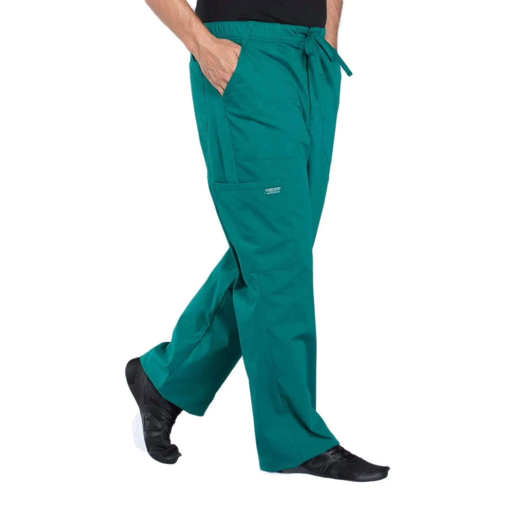 Cherokee Workwear Professionals WW190 Scrubs Pants Mens Tapered Leg Drawstring Cargo Hunter Green