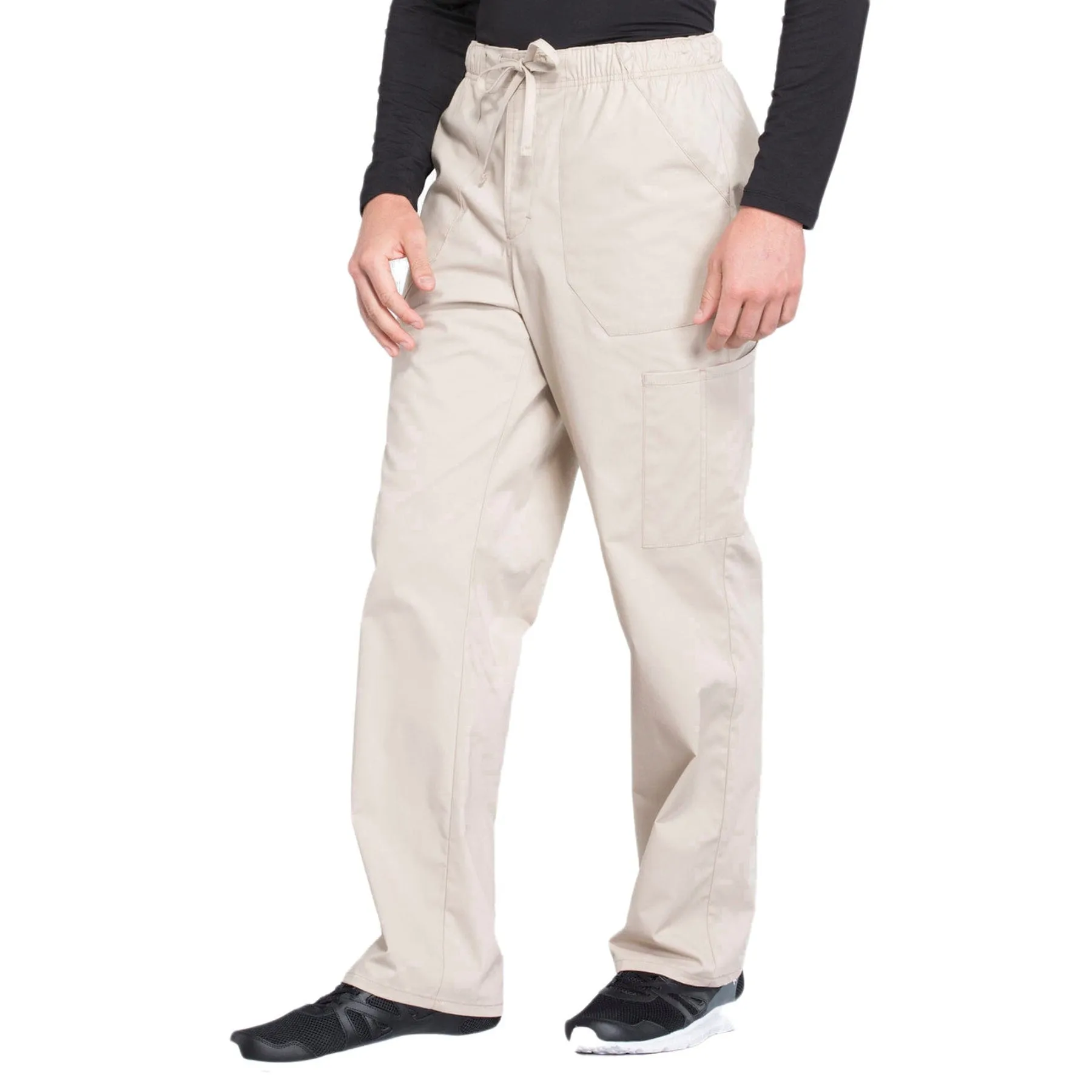 Cherokee Workwear Professionals WW190 Scrubs Pants Mens Tapered Leg Drawstring Cargo Khaki