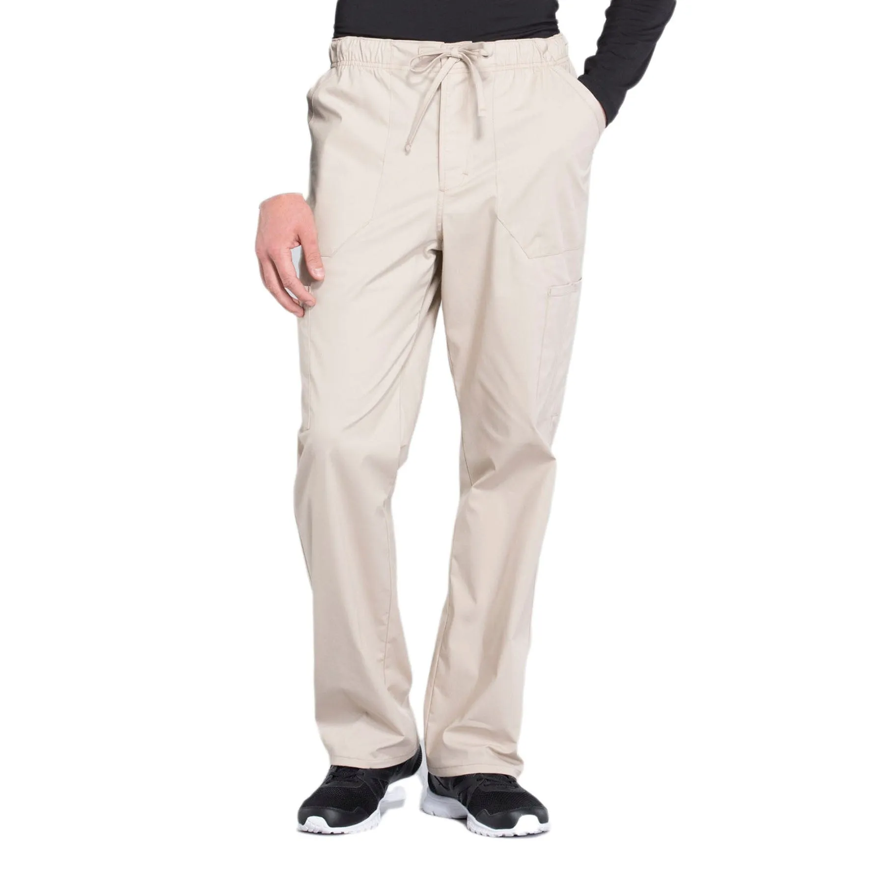 Cherokee Workwear Professionals WW190 Scrubs Pants Mens Tapered Leg Drawstring Cargo Khaki