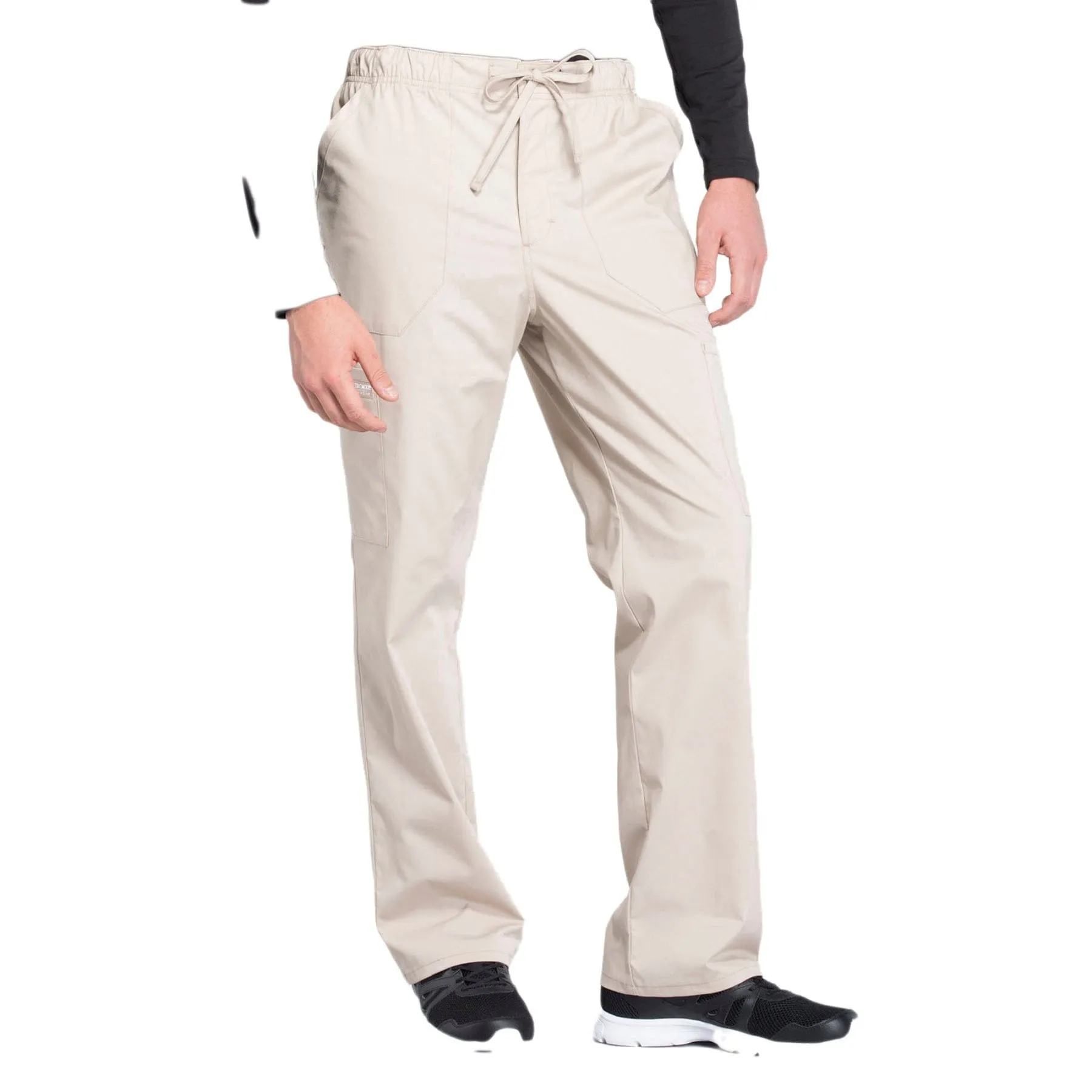 Cherokee Workwear Professionals WW190 Scrubs Pants Mens Tapered Leg Drawstring Cargo Khaki