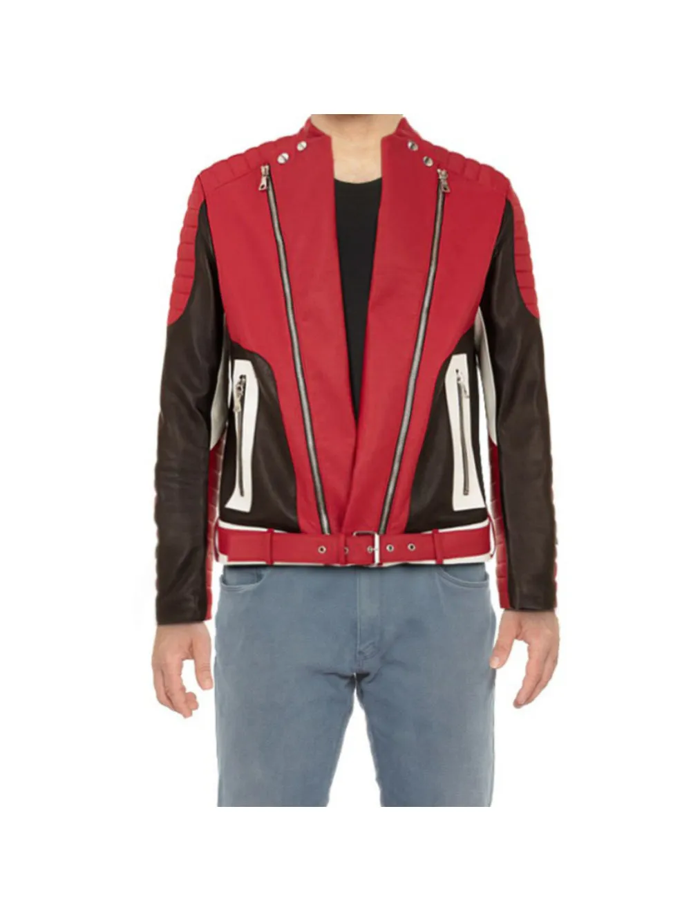 Color Block Red Genuine Leather Biker Jacket for Men