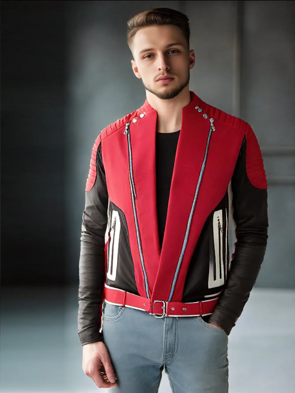Color Block Red Genuine Leather Biker Jacket for Men