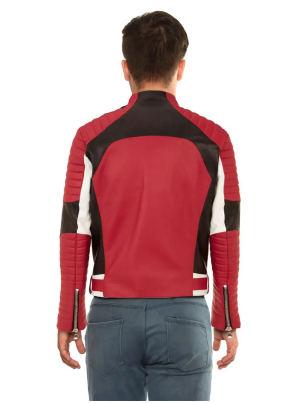 Color Block Red Genuine Leather Biker Jacket for Men