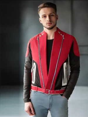 Color Block Red Genuine Leather Biker Jacket for Men