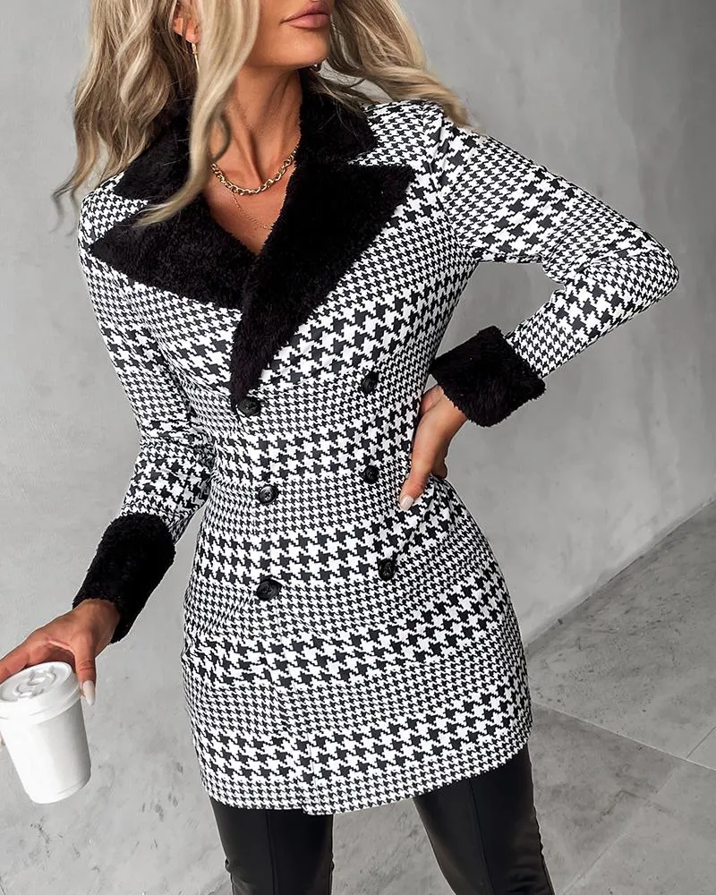 Colorblock Houndstooth Print Fuzzy Double Breasted Coat