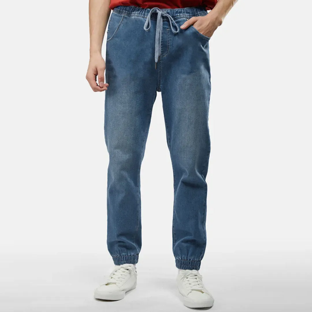 crop denim slim fit medium blue jogger pant for men
