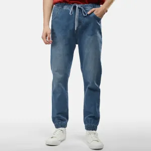 crop denim slim fit medium blue jogger pant for men