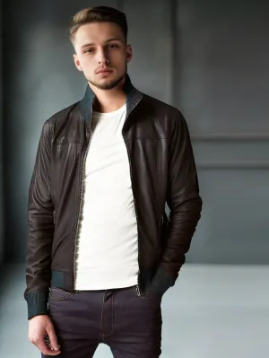 Cuffed Ribbed Detail Genuine Leather Biker Jacket for Men