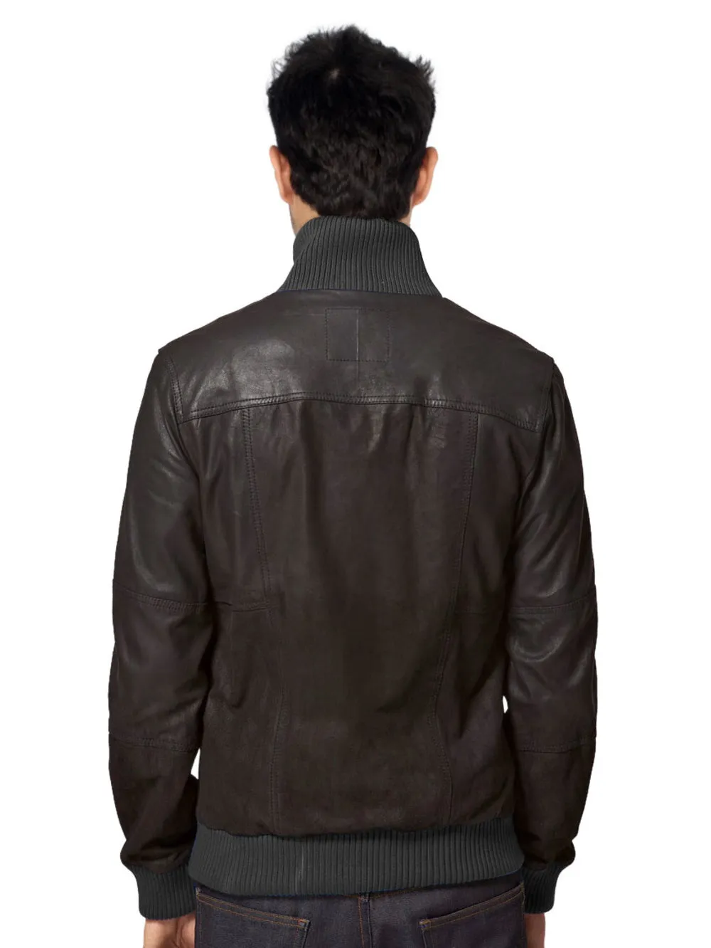 Cuffed Ribbed Detail Genuine Leather Biker Jacket for Men