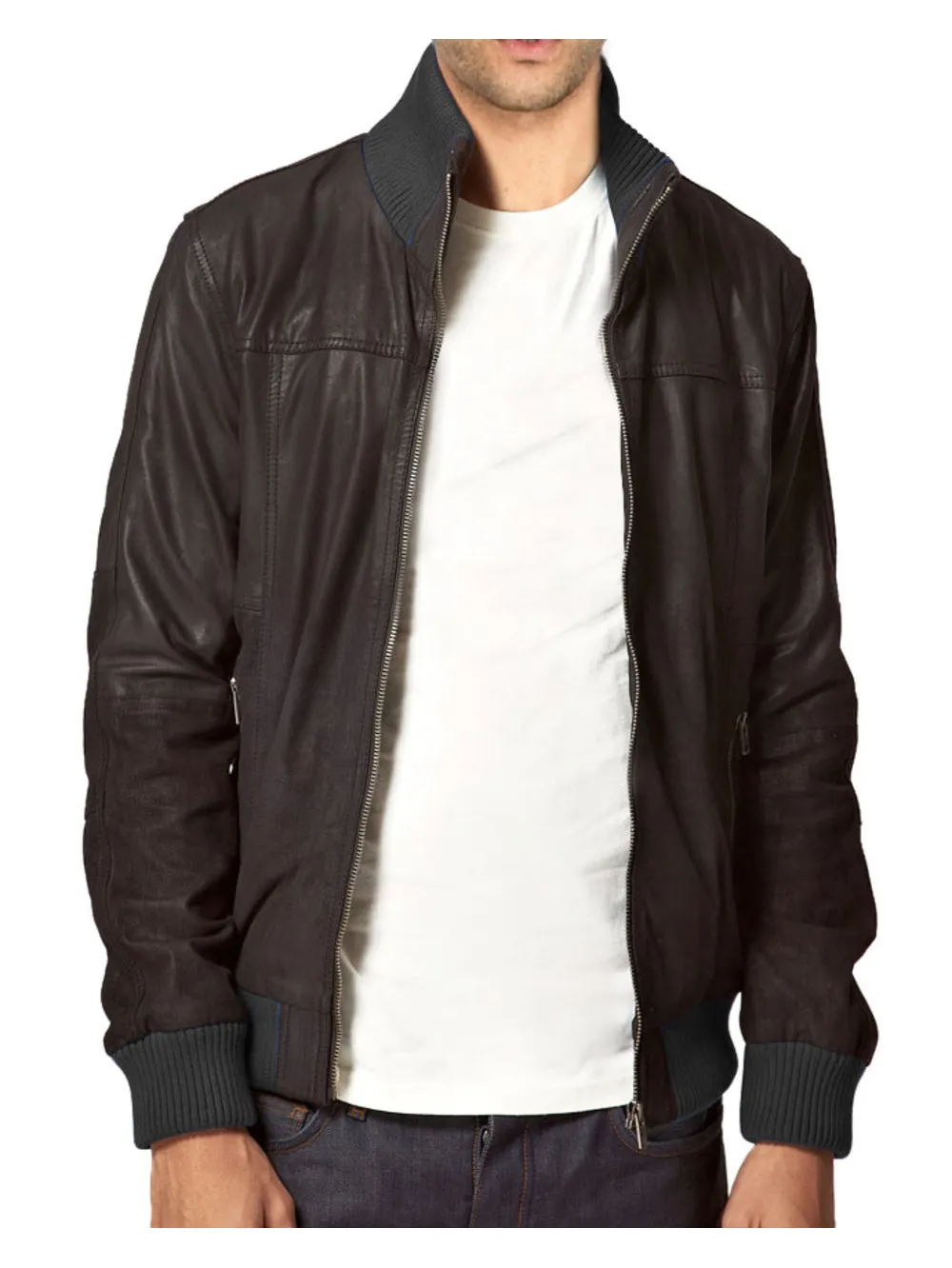 Cuffed Ribbed Detail Genuine Leather Biker Jacket for Men