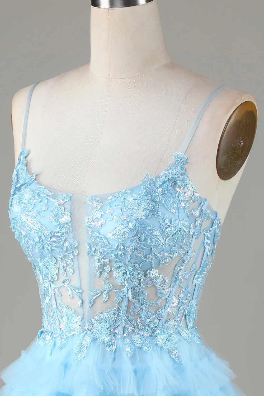 Cute A Line Spaghetti Straps Glitter Blue Short Homecoming Dress with Appliques