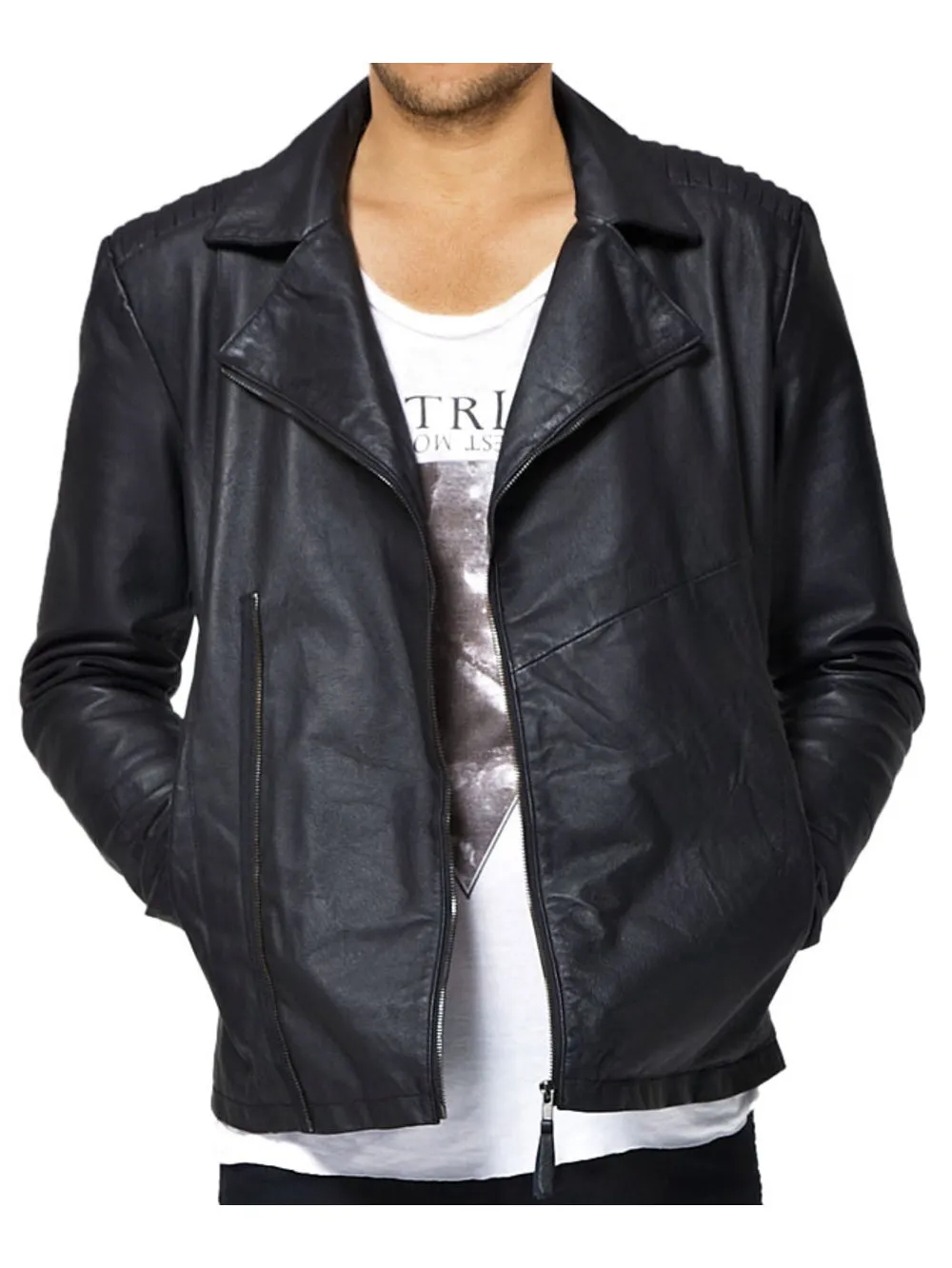 Deep Peak Lapel Genuine Leather Biker Jacket for Men
