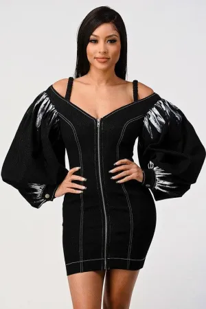 Denim black dye sleeve zip up dress
