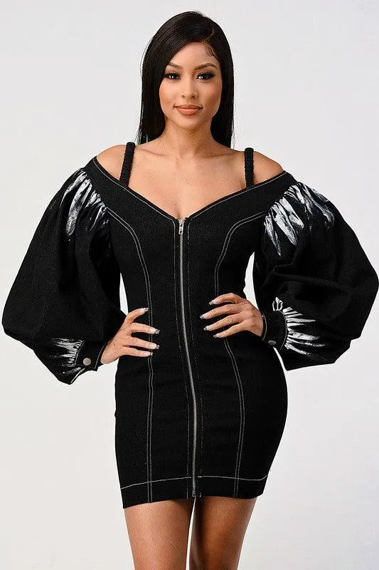 Denim black dye sleeve zip up dress