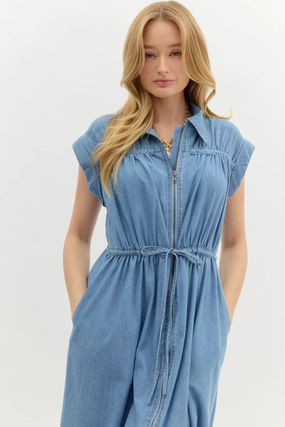 Denim Cap Sleeve Midi Dress