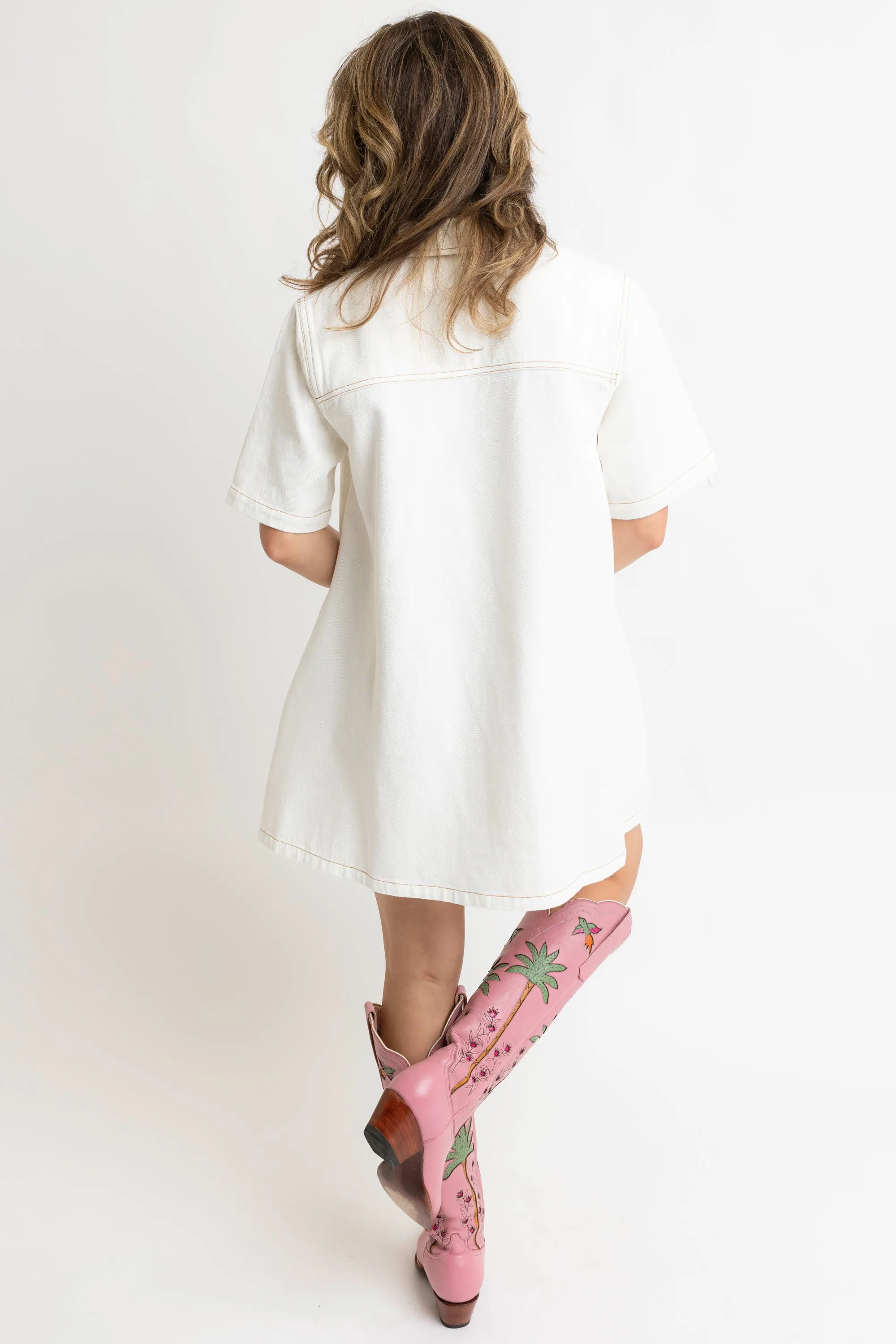 Denim Pocket Swing Shirt Dress - Ivory