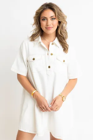 Denim Pocket Swing Shirt Dress - Ivory