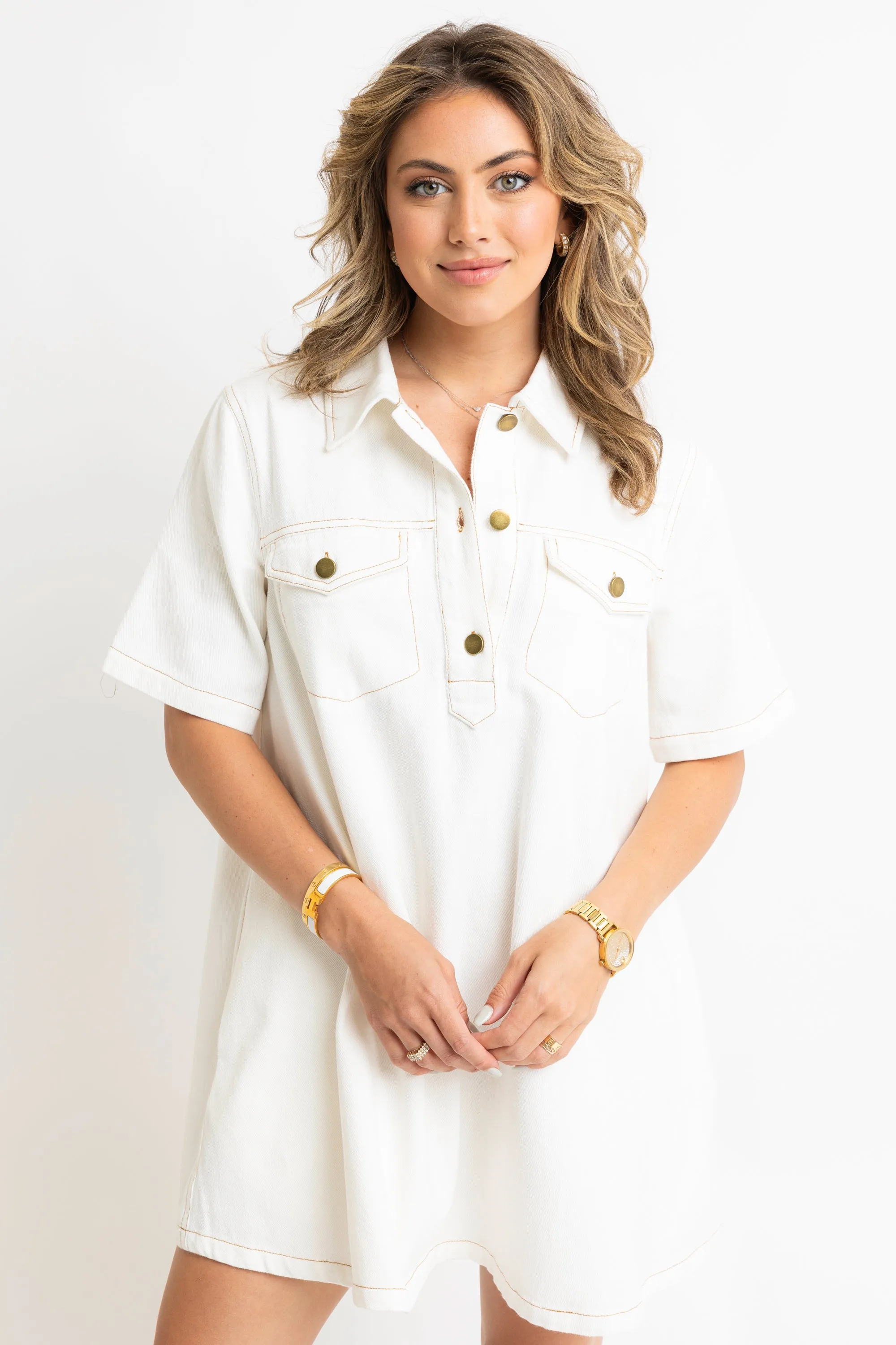 Denim Pocket Swing Shirt Dress - Ivory