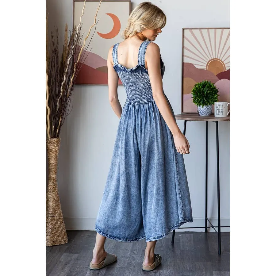 Denim Washed Smocked Waist Sleeveless Wide Leg Oli Hali Romper