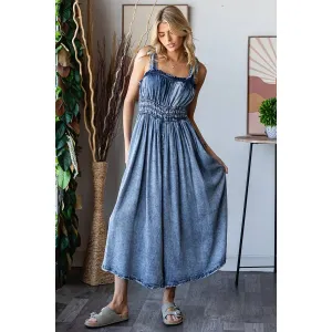 Denim Washed Smocked Waist Sleeveless Wide Leg Oli Hali Romper