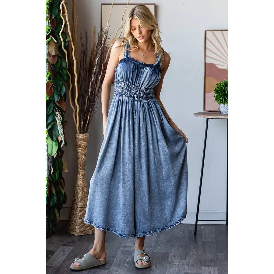 Denim Washed Smocked Waist Sleeveless Wide Leg Oli Hali Romper