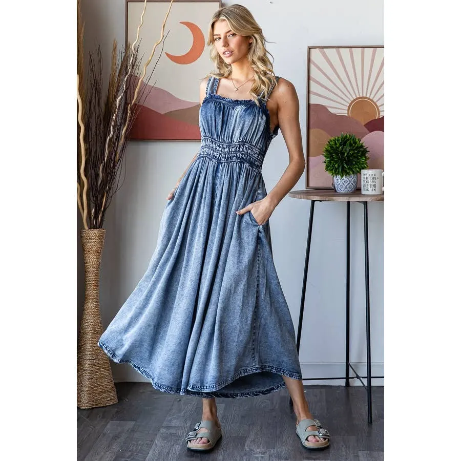 Denim Washed Smocked Waist Sleeveless Wide Leg Oli Hali Romper