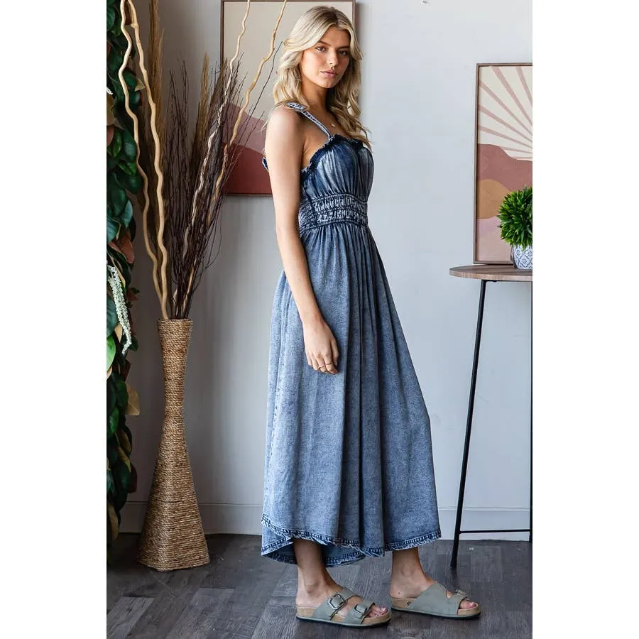 Denim Washed Smocked Waist Sleeveless Wide Leg Oli Hali Romper