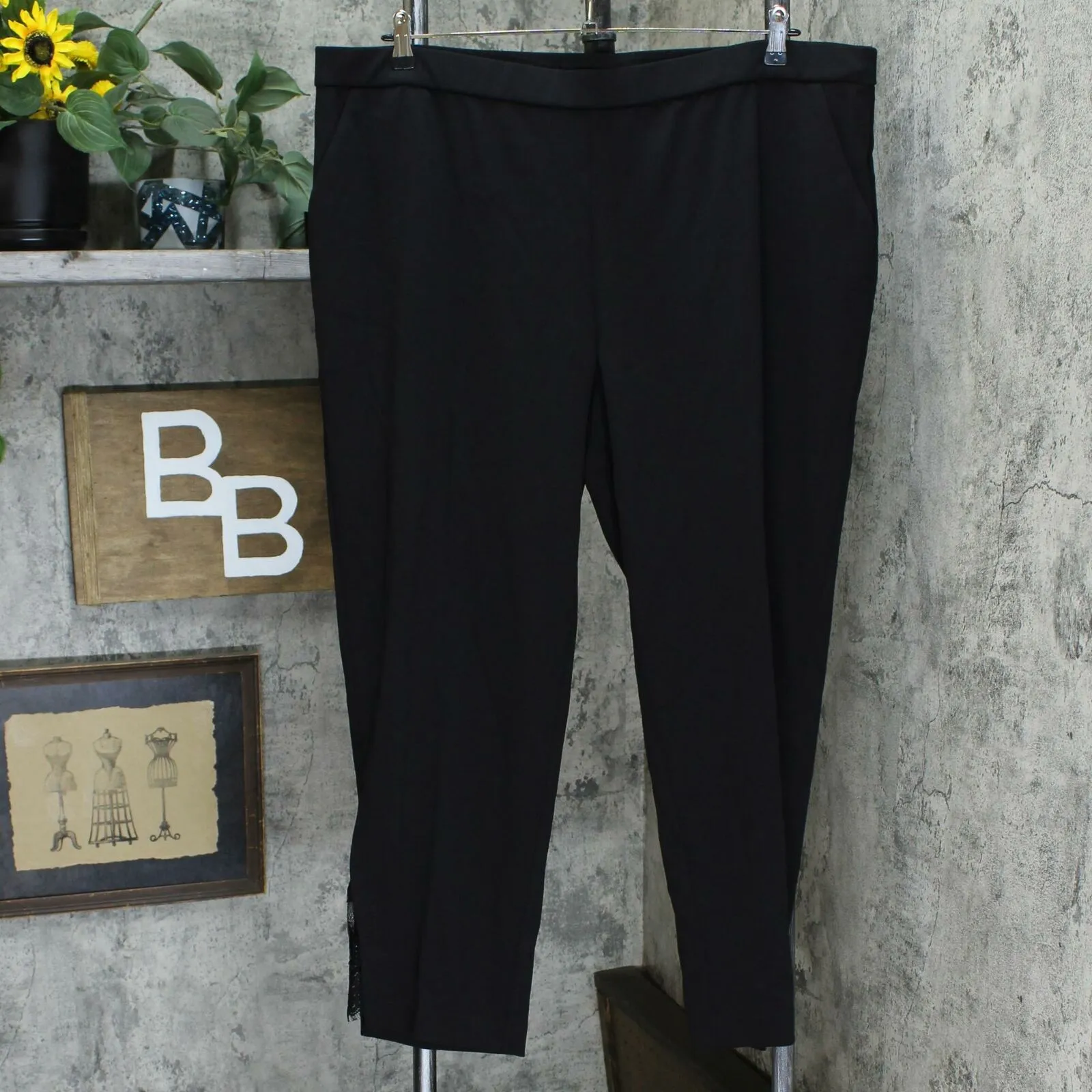 Dennis Basso Plus Size Luxe Crepe Pull-On Lace Insert Ankle Pants Black 2X