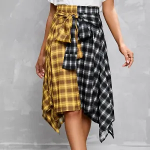 Elegant Irregular Lace-Up Check Midi Skirt street wear fashion Women's Plaid Skirts High Waisted Knot Front Asymmetrical Hem Mini Skater Skirt