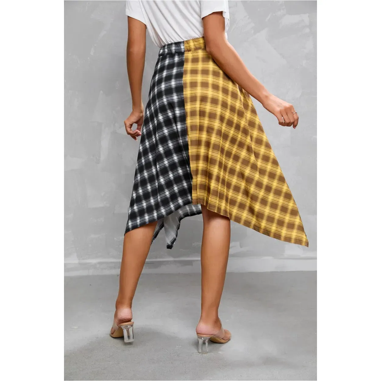 Elegant Irregular Lace-Up Check Midi Skirt street wear fashion Women's Plaid Skirts High Waisted Knot Front Asymmetrical Hem Mini Skater Skirt