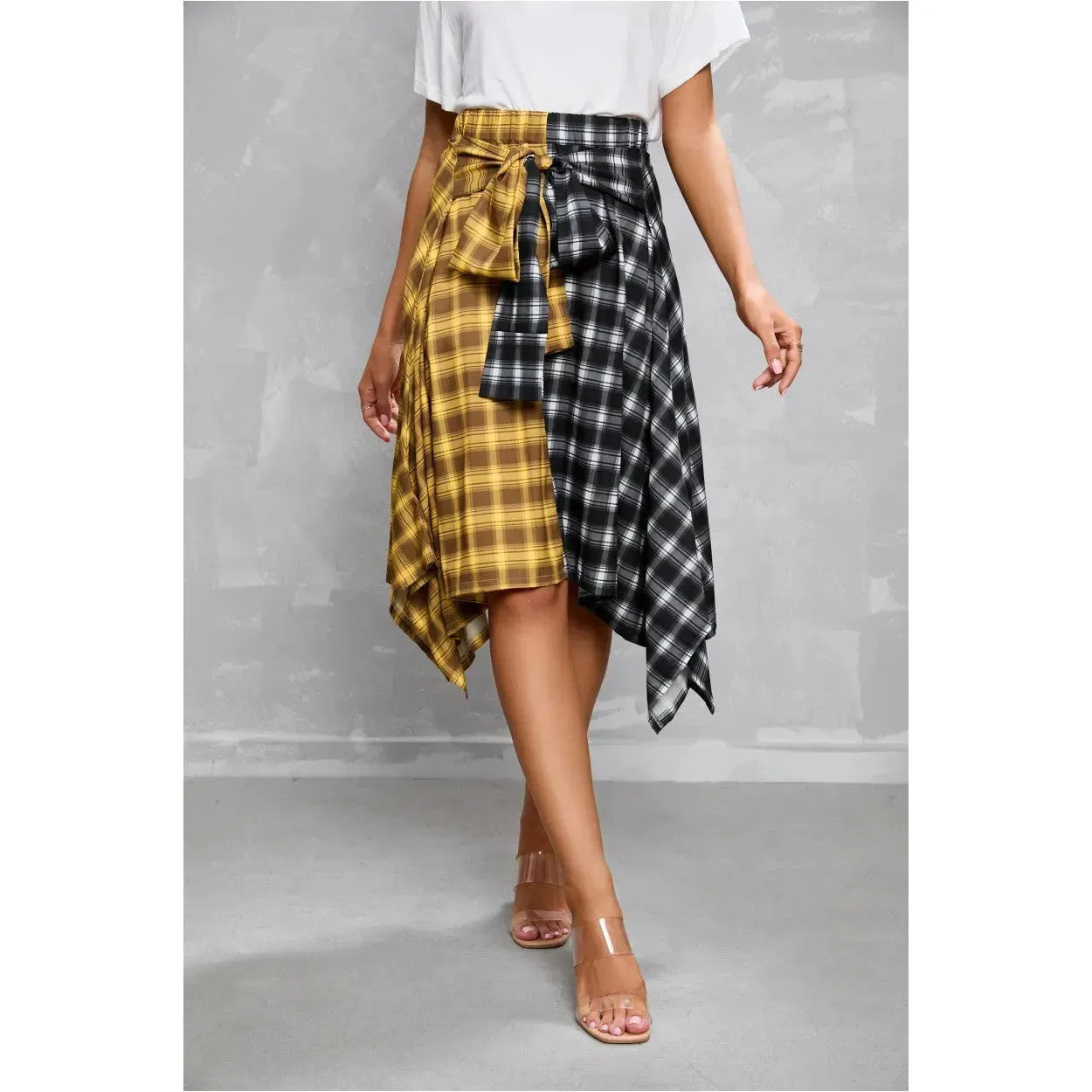 Elegant Irregular Lace-Up Check Midi Skirt street wear fashion Women's Plaid Skirts High Waisted Knot Front Asymmetrical Hem Mini Skater Skirt