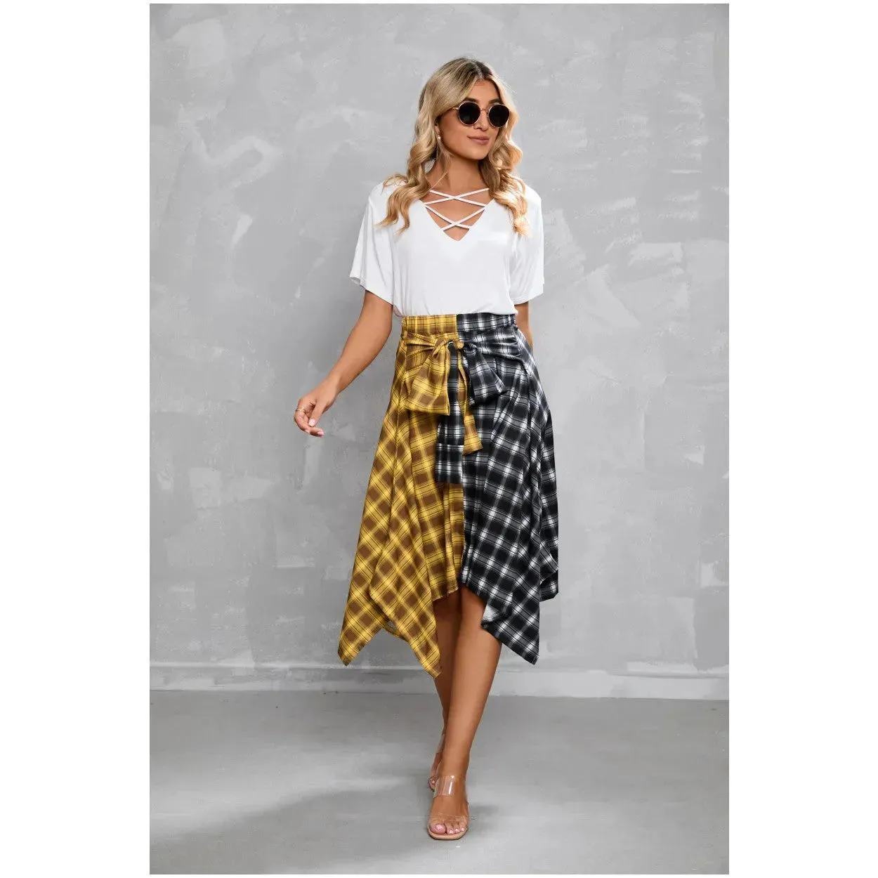 Elegant Irregular Lace-Up Check Midi Skirt street wear fashion Women's Plaid Skirts High Waisted Knot Front Asymmetrical Hem Mini Skater Skirt