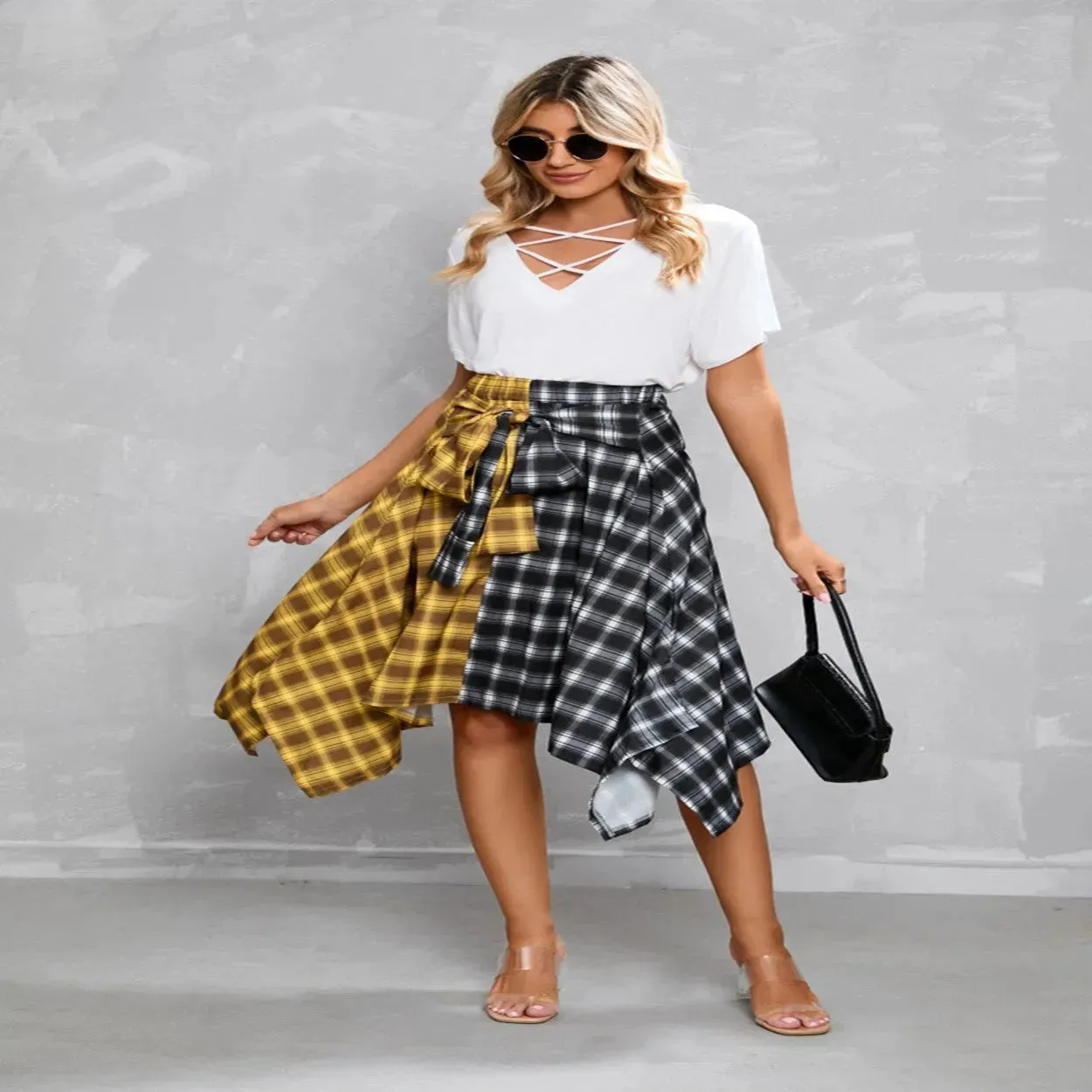 Elegant Irregular Lace-Up Check Midi Skirt street wear fashion Women's Plaid Skirts High Waisted Knot Front Asymmetrical Hem Mini Skater Skirt