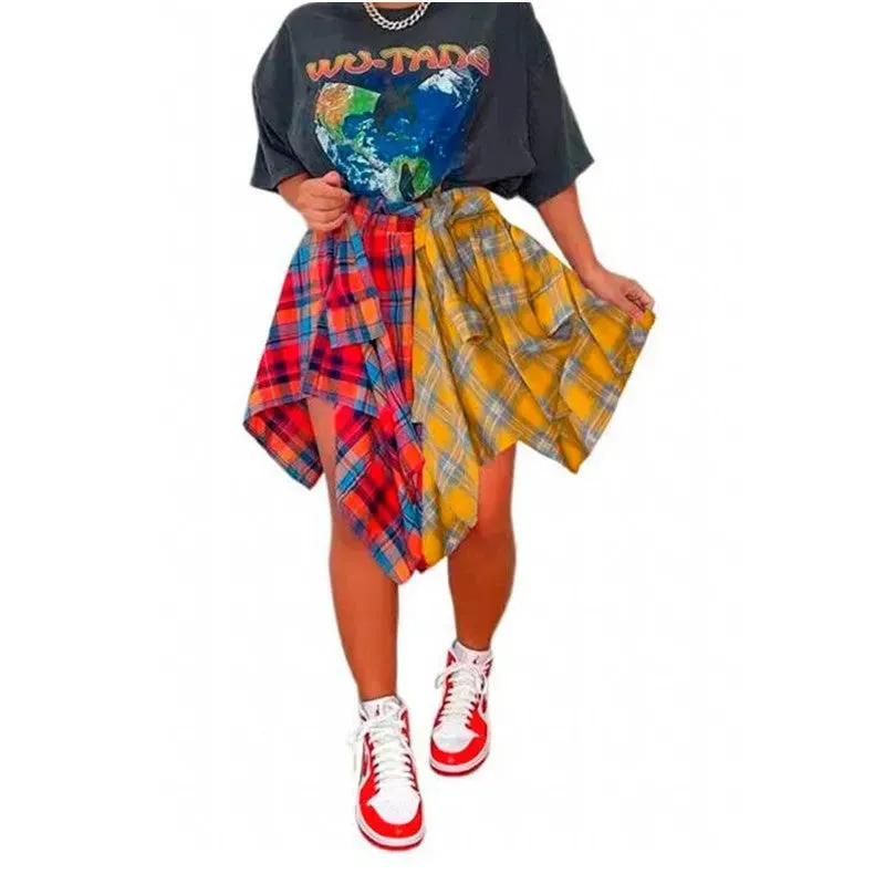 Elegant Irregular Lace-Up Check Midi Skirt street wear fashion Women's Plaid Skirts High Waisted Knot Front Asymmetrical Hem Mini Skater Skirt