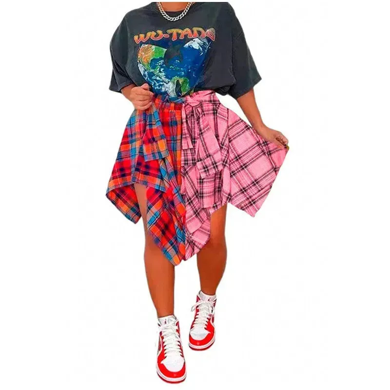 Elegant Irregular Lace-Up Check Midi Skirt street wear fashion Women's Plaid Skirts High Waisted Knot Front Asymmetrical Hem Mini Skater Skirt