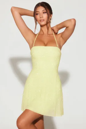 Embellished Multi Wear A-Line Mini Dress in Lime Green