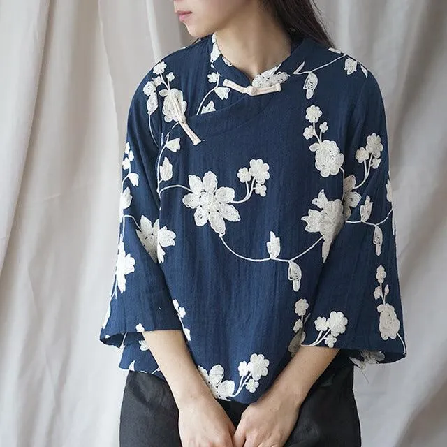 Embroidery Floral Vintage Shirts Spring Blouse