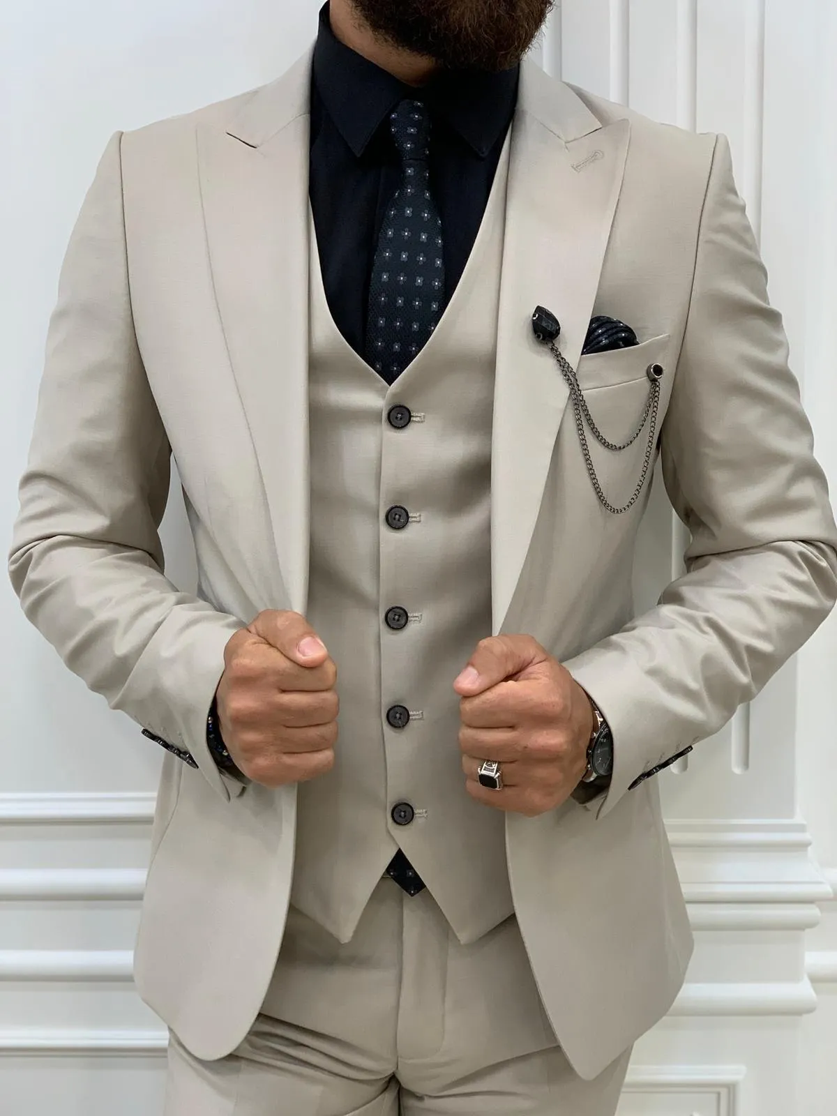 Eros Beige Slim Fit Peak Lapel Suit
