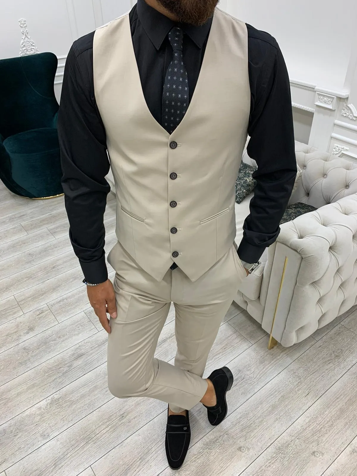 Eros Beige Slim Fit Peak Lapel Suit