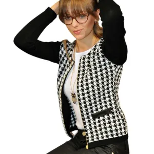 Fashion Women Slim Print Jacket Casual Houndstooth Outwear Short Thin Zipper Tops