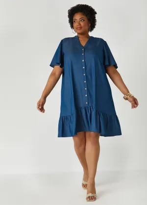 Flounced Chambray Shirtdress