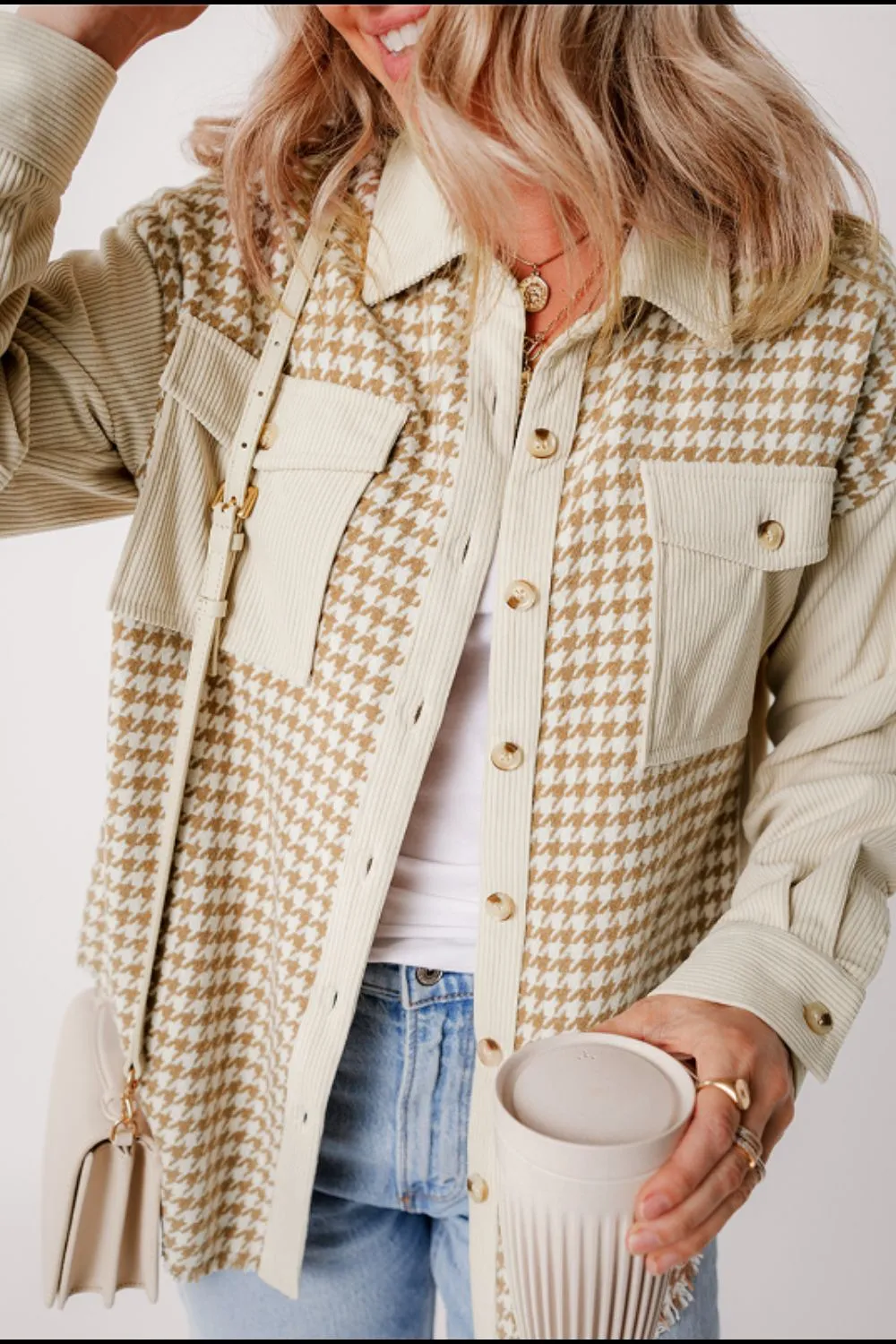 Fluerette Houndstooth Button Up Long Sleeve Jacket