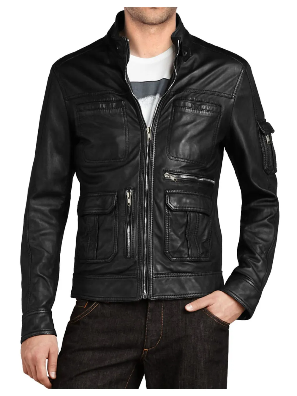 Four-Pocket Genuine Leather Biker Jacket for Men
