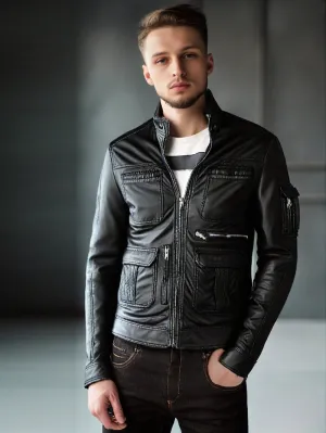 Four-Pocket Genuine Leather Biker Jacket for Men