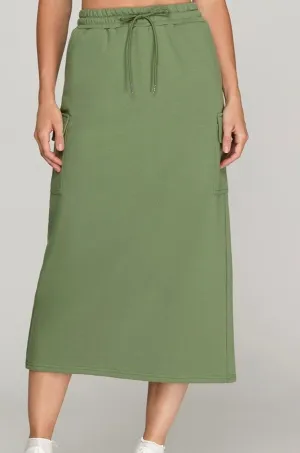 French Terry Knit Cargo Midi Skirt with Elastic Waistband